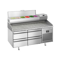 Stół chłodniczy do pizzy PREMIUM PLUS - 1490x700mm - z blatem granitowym - 4 szuflady - z nadstawką chłodniczą - 6x GN 1/4