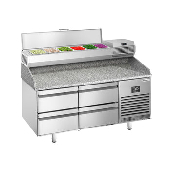 Stół chłodniczy do pizzy PREMIUM PLUS - 1490x700mm - z blatem granitowym - 4 szuflady - z nadstawką chłodniczą - 6x GN 1/4