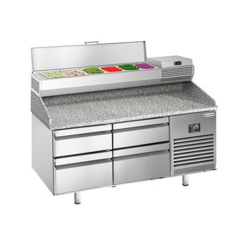 Stół chłodniczy do pizzy PREMIUM PLUS - 1490x700mm - z blatem granitowym - 4 szuflady - z nadstawką chłodniczą - 6x GN 1/4