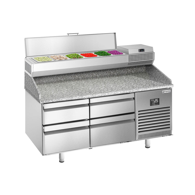 Stół chłodniczy do pizzy PREMIUM PLUS - 1490x700mm - z blatem granitowym - 4 szuflady - z nadstawką chłodniczą - 6x GN 1/4