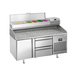 Stół chłodniczy do pizzy PREMIUM PLUS - 1490x700mm - z blatem granitowym - 1‑drzwiowy, 2 szuflady - z nadstawką chłodniczą - 6x GN 1/4