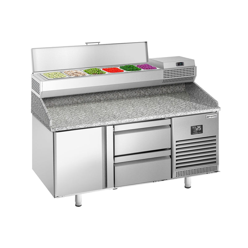 Stół chłodniczy do pizzy PREMIUM PLUS - 1490x700mm - z blatem granitowym - 1‑drzwiowy, 2 szuflady - z nadstawką chłodniczą - 6x GN 1/4