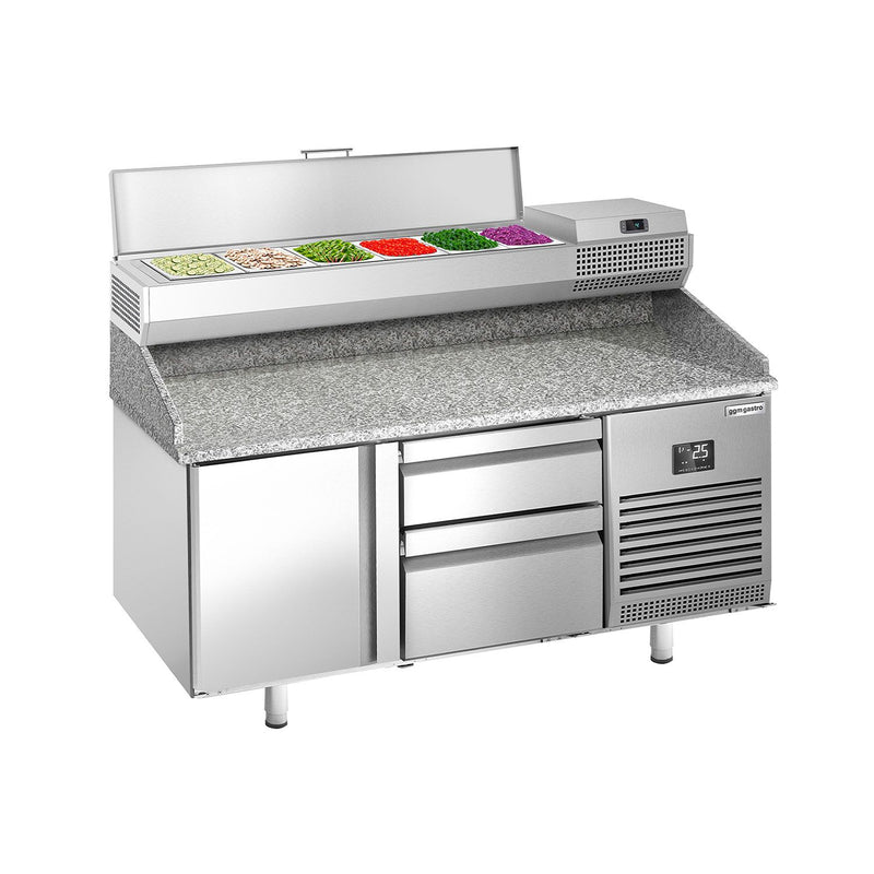 Stół chłodniczy do pizzy PREMIUM PLUS - 1490x700mm - z blatem granitowym - 1‑drzwiowy, 2 szuflady - z nadstawką chłodniczą - 6x GN 1/4