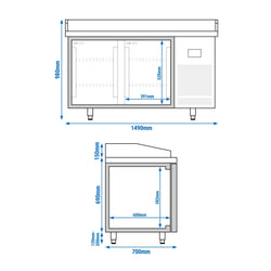 Stół chłodniczy do pizzy PREMIUM PLUS - 1490x700 mm - z 2 drzwiami
