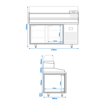 Stół chłodniczy do pizzy PREMIUM PLUS - 1783x800mm - z 2 drzwiami - włącznie z witryną chłodniczą nadstawną - 6x GN 1/3 - Prime Gastro