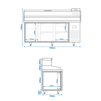 Stół chłodniczy do pizzy PREMIUM PLUS - 1980x700mm - z 1 drzwiami & 4 szufladami - włącznie z witryną chłodniczą nadstawną - 9x GN 1/4 - Prime Gastro