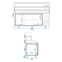 Stół chłodniczy do pizzy PREMIUM PLUS - 1980x700mm - z 1 drzwiami & 4 szufladami - włącznie z witryną chłodniczą nadstawną - 9x GN 1/4