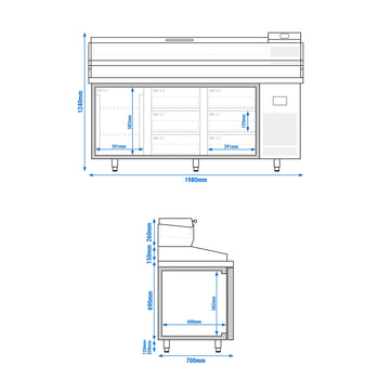 Stół chłodniczy do pizzy PREMIUM PLUS - 1980x700mm - z 1 drzwiami & 6 szufladami - włącznie z witryną chłodniczą nadstawną - 9x GN 1/4 - Prime Gastro