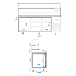 Stół chłodniczy do pizzy PREMIUM PLUS - 1980x700mm - z 1 drzwiami i 6 szufladami - włącznie z witryną chłodniczą nadstawną - 9x GN 1/4