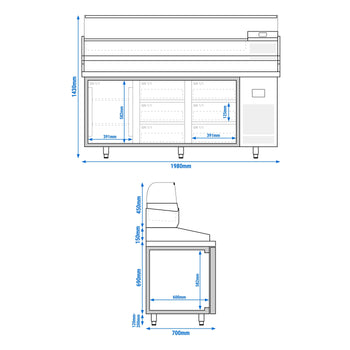 Stół chłodniczy do pizzy PREMIUM PLUS - 1980x700mm - z 1 drzwiami i 6 szufladami - włącznie z witryną chłodniczą nadstawną - 9x GN 1/4 - Prime Gastro