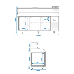 Stół chłodniczy do pizzy PREMIUM PLUS - 1980x700mm - z 1 drzwiami & 4 szufladami - włącznie z witryną chłodniczą nadstawną - 9x GN 1/4