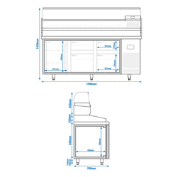 Stół chłodniczy do pizzy PREMIUM PLUS - 1980x700mm - z 1 drzwiami i 4 szufladami - włącznie z witryną chłodniczą nadstawną - 9x GN 1/4
