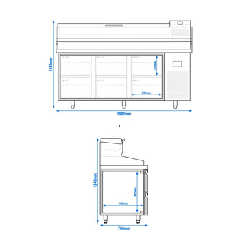 Stół chłodniczy do pizzy PREMIUM PLUS - 1980x700mm - z 6 szufladami - włącznie z witryną chłodniczą nadstawną - 9x GN 1/4 - Prime Gastro