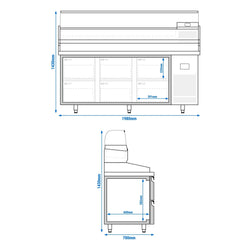 Stół chłodniczy do pizzy PREMIUM PLUS - 1980x700mm - z 6 szufladami - włącznie z witryną chłodniczą nadstawną - 9x GN 1/4