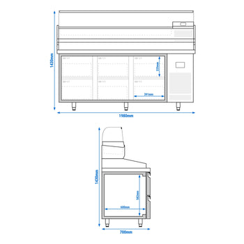 Stół chłodniczy do pizzy PREMIUM PLUS - 1980x700mm - z 6 szufladami - włącznie z witryną chłodniczą nadstawną - 9x GN 1/4 - Prime Gastro