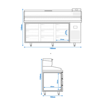 Stół chłodniczy do pizzy PREMIUM PLUS - 1980x700mm - z 9 szufladami - włącznie z witryną chłodniczą nadstawną - 9x GN 1/4 - Prime Gastro