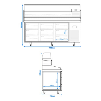 Stół chłodniczy do pizzy PREMIUM PLUS - 1980x700mm - z 9 szufladami - włącznie z witryną chłodniczą nadstawną - 9x GN 1/4 - Prime Gastro
