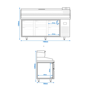 Stół chłodniczy do pizzy PREMIUM PLUS - 1980x700mm - z 6 szufladami - włącznie z witryną chłodniczą nadstawną - 9x GN 1/4 - Prime Gastro