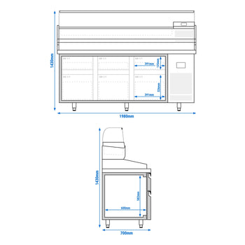 Stół chłodniczy do pizzy PREMIUM PLUS - 1980x700mm - z 6 szufladami - włącznie z witryną chłodniczą nadstawną - 9x GN 1/4 - Prime Gastro
