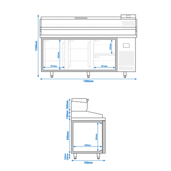 Stół chłodniczy do pizzy PREMIUM PLUS - 1980x700mm - z 2 drzwiami & 2 szufladami - włącznie z witryną chłodniczą nadstawną - 9x GN 1/4 - Prime Gastro