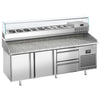 Stół chłodniczy do pizzy Premium PLUS – 1980 x 700 mm – z 2 drzwiami i 2 szufladami 1/2 – z witryną nadstawną chłodniczą na 9x GN 1/4 z nadstawką szklaną