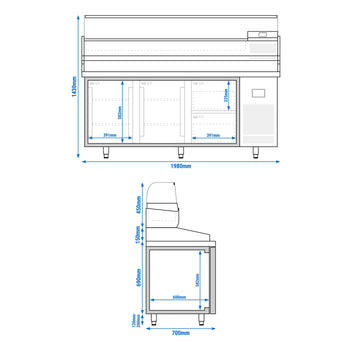 Stół chłodniczy do pizzy PREMIUM PLUS - 1980x700mm - z 2 drzwiami & 2 szufladami - włącznie z witryną chłodniczą nadstawną - 9x GN 1/4 - Prime Gastro