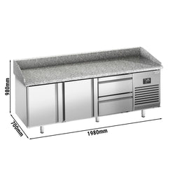 Stół chłodniczy do pizzy PREMIUM PLUS - 1980x700mm - z blatem granitowym - 2‑drzwiowy, 2 szuflady
