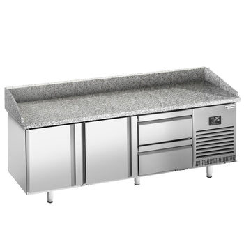 Stół chłodniczy do pizzy PREMIUM PLUS - 1980x700mm - z blatem granitowym - 2‑drzwiowy, 2 szuflady