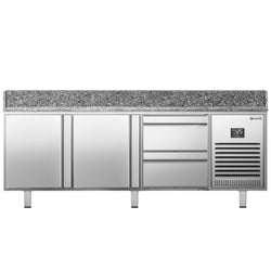 Stół chłodniczy do pizzy PREMIUM PLUS - 1980x700mm - z blatem granitowym - 2‑drzwiowy, 2 szuflady