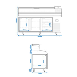Stół chłodniczy do pizzy PREMIUM PLUS - 1980x700mm - z 2 drzwiami & 3 szufladami - włącznie z witryną chłodniczą nadstawną - 9x GN 1/4