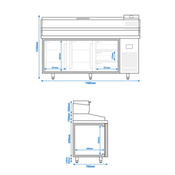 Stół chłodniczy do pizzy PREMIUM PLUS - 1980x700mm - z 2 drzwiami & 3 szufladami - włącznie z witryną chłodniczą nadstawną - 9x GN 1/4 - Prime Gastro