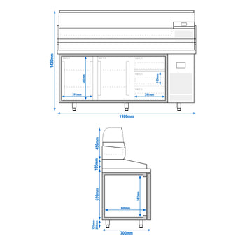 Stół chłodniczy do pizzy PREMIUM PLUS - 1980x700mm - z 2 drzwiami - włącznie z witryną chłodniczą nadstawną - 9x GN 1/4 - Prime Gastro