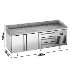 Stół chłodniczy do pizzy PREMIUM PLUS - 1980x1139mm - z blatem granitowym - 2‑drzwiowy, 3 szuflady