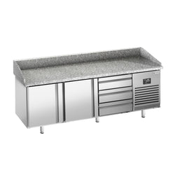 Stół chłodniczy do pizzy PREMIUM PLUS - 1980x1139mm - z blatem granitowym - 2‑drzwiowy, 3 szuflady