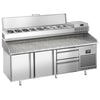 Stół chłodniczy do pizzy Premium PLUS – 1980 x 700 mm – z 2 drzwiami i 2 szufladami 1/3 i 2/3 – z witryną nadstawną chłodniczą na 9x GN 1/4 z pokrywą ze stali nierdzewnej