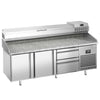 Stół chłodniczy do pizzy Premium PLUS – 1980 x 700 mm – z 2 drzwiami i 2 szufladami 1/3 i 2/3 – z witryną nadstawną chłodniczą na 9x GN 1/4 z pokrywą ze stali nierdzewnej