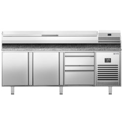 Stół chłodniczy do pizzy PREMIUM PLUS - 1980x700mm - z blatem granitowym - 2‑drzwiowy, 2 szuflady - z nadstawką chłodniczą - 9x GN 1/4