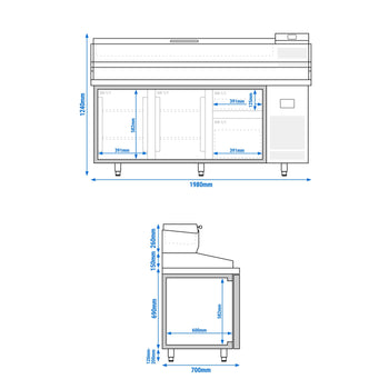 Stół chłodniczy do pizzy PREMIUM PLUS - 1980x700mm - z 2 drzwiami & 2 szufladami - włącznie z witryną chłodniczą nadstawną - 9x GN 1/4 - Prime Gastro