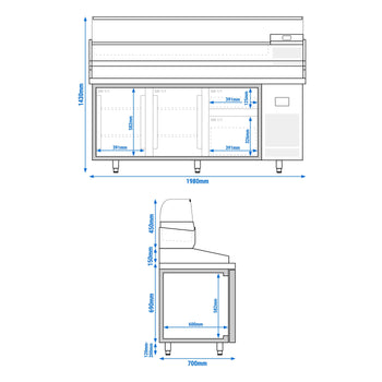 Stół chłodniczy do pizzy PREMIUM PLUS - 1980x700mm - z 2 drzwiami i 2 szufladami - włącznie z witryną chłodniczą nadstawną - 9x GN 1/4 - Prime Gastro
