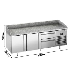 Stół chłodniczy do pizzy PREMIUM PLUS - 1980x700mm - z blatem granitowym - 2‑drzwiowy, 2 szuflady