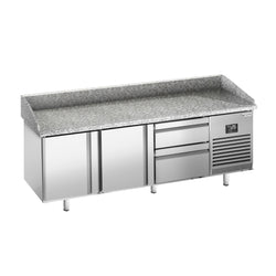 Stół chłodniczy do pizzy PREMIUM PLUS - 1980x700mm - z blatem granitowym - 2‑drzwiowy, 2 szuflady