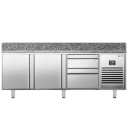 Stół chłodniczy do pizzy PREMIUM PLUS - 1980x700mm - z blatem granitowym - 2‑drzwiowy, 2 szuflady