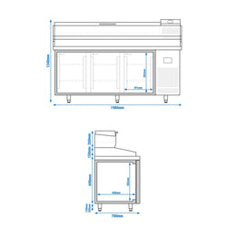 Stół chłodniczy do pizzy PREMIUM PLUS - 1980x700mm - z 3 drzwiami - włącznie z witryną chłodniczą nadstawną - 9x GN 1/4
