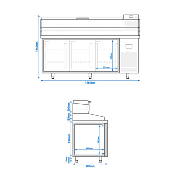 Stół chłodniczy do pizzy PREMIUM PLUS - 1980x700mm - z 3 drzwiami - włącznie z witryną chłodniczą nadstawną - 9x GN 1/4 - Prime Gastro