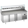 Commercial Pizza Prep Counter - Granite Top PREMIUM PLUS - 1980x700mm - with 3 doors - incl. refrigerated topping unit with glass sneeze guard - 9x GN 1/4