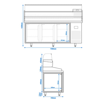 Stół chłodniczy do pizzy PREMIUM PLUS - 1980x700mm - z 3 drzwiami - włącznie z witryną chłodniczą nadstawną- 9x GN 1/4 - Prime Gastro