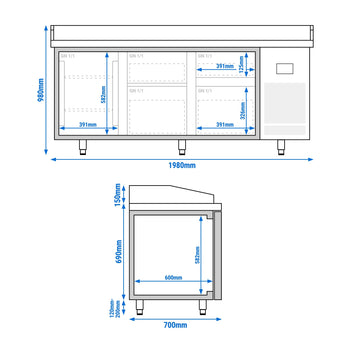 Stół chłodniczy do pizzy PREMIUM PLUS - 1980x700 mm - z 1 drzwiami & 4 szufladami - Prime Gastro