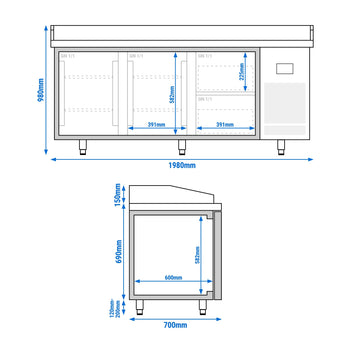 Stół chłodniczy do pizzy PREMIUM PLUS - 1980x700 mm - z 2 drzwiami & 2 szufladami - Prime Gastro