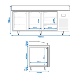 Stół chłodniczy do pizzy PREMIUM PLUS - 1980x700 mm - z 2 drzwiami & 3 szufladami