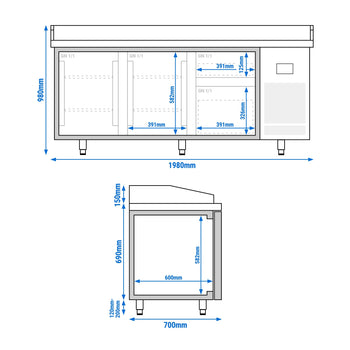 Stół chłodniczy do pizzy PREMIUM PLUS - 1980x700 mm - z 2 drzwiami & 2 szufladami - Prime Gastro